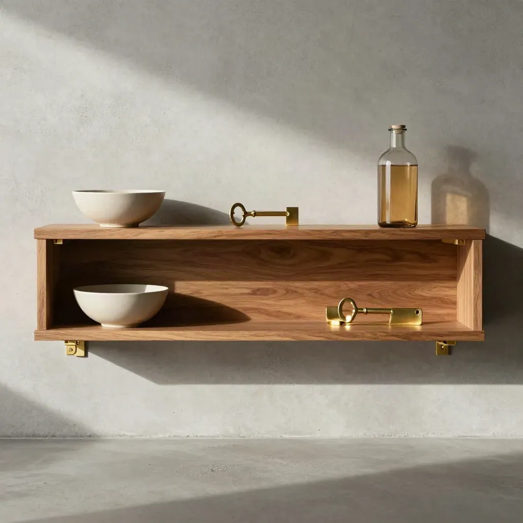 Overhead cedar wall shelf flatlay with bowls, bottle, and brass hardware on concrete.