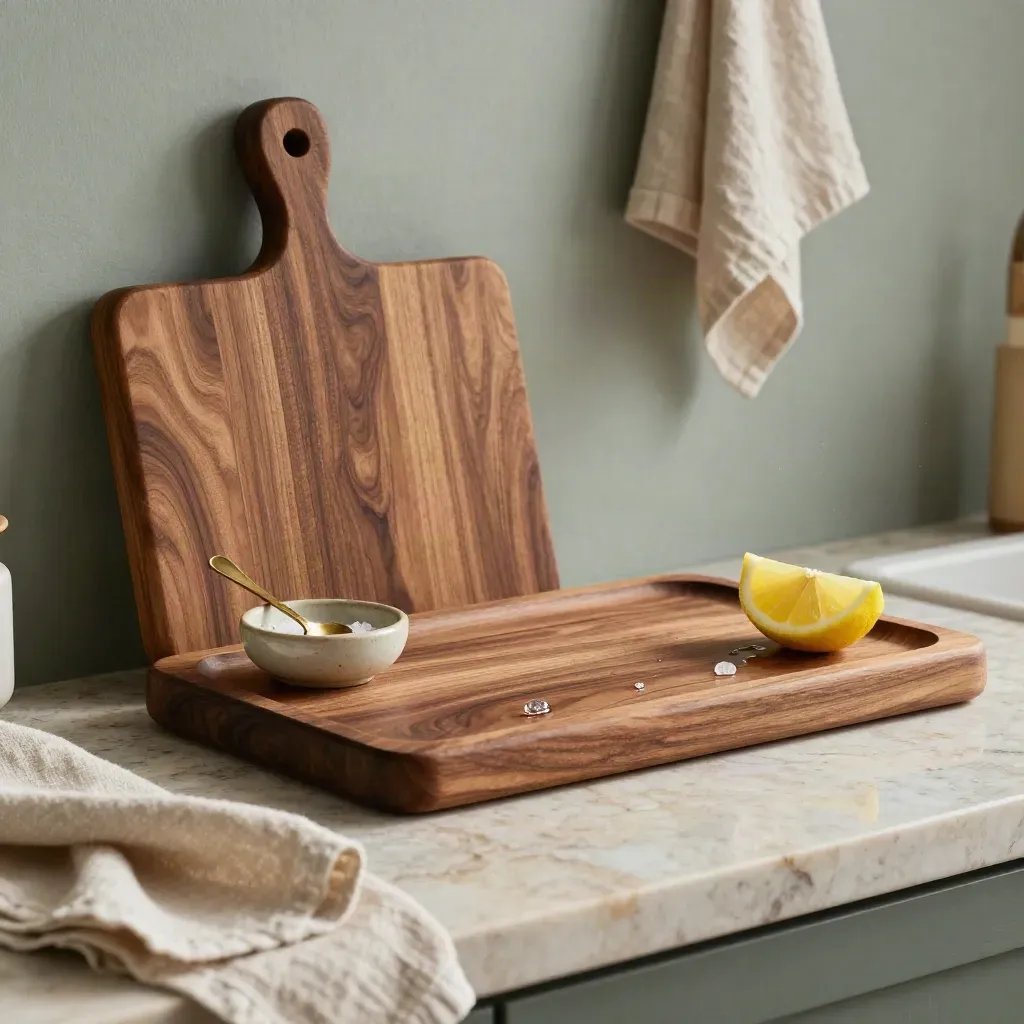 Walnut cutting boards with lemon, salt bowl and linen on a moody stone surface.