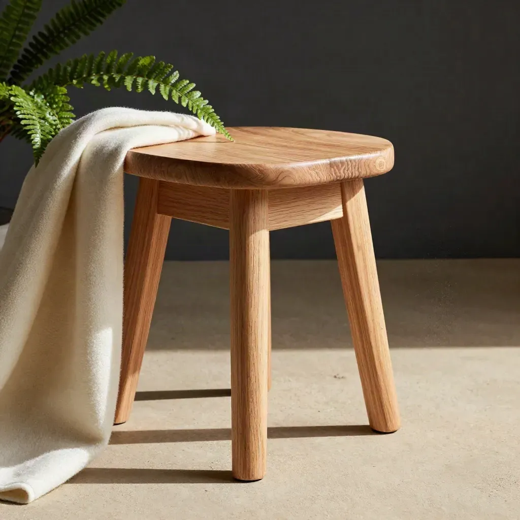 Maple stool with cream throw and fern in raking light, close and tactile.
