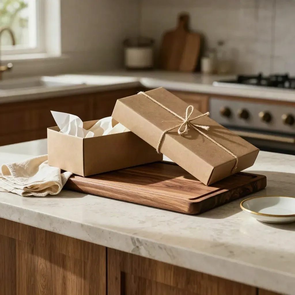Walnut board, tray, and tissue-lined gift box on a stone kitchen island with soft daylight.
