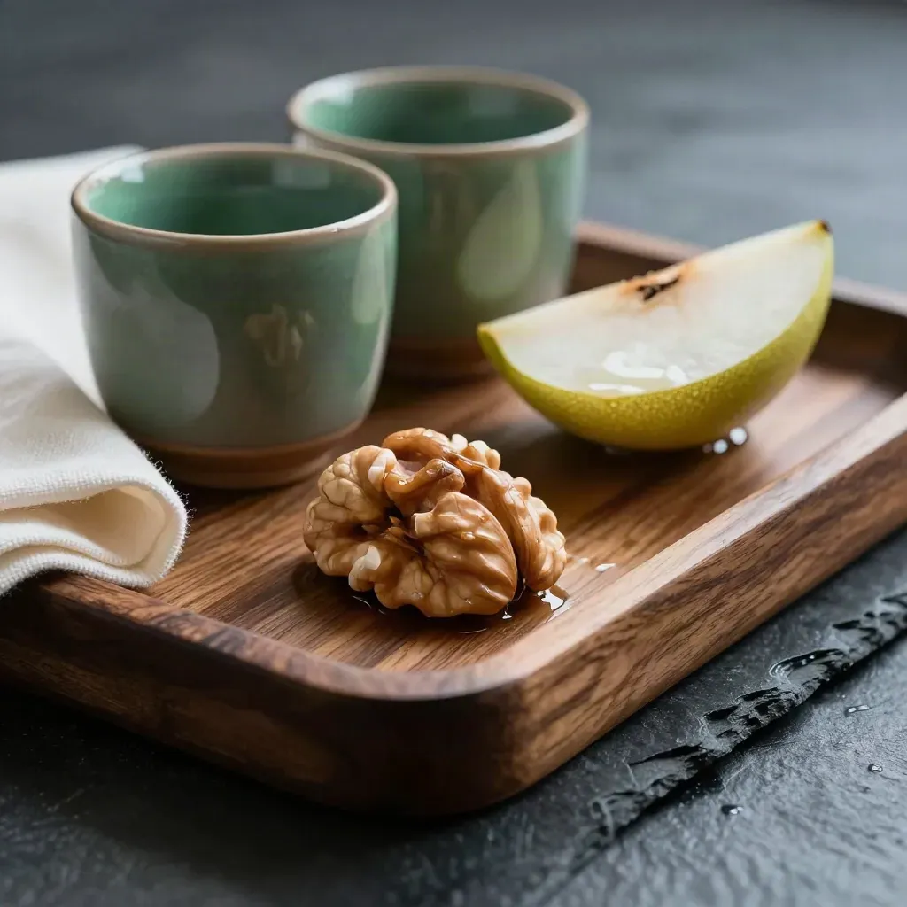 Walnut serving tray on wet slate with cups, napkin, and pear slice in dramatic light.
