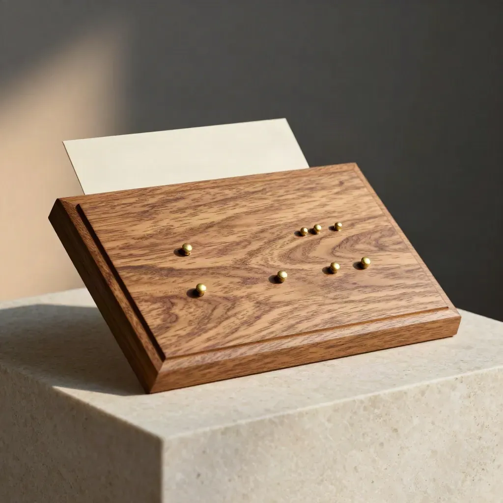 Oak house plaque with brass pins on travertine, softly lit against a dark backdrop.