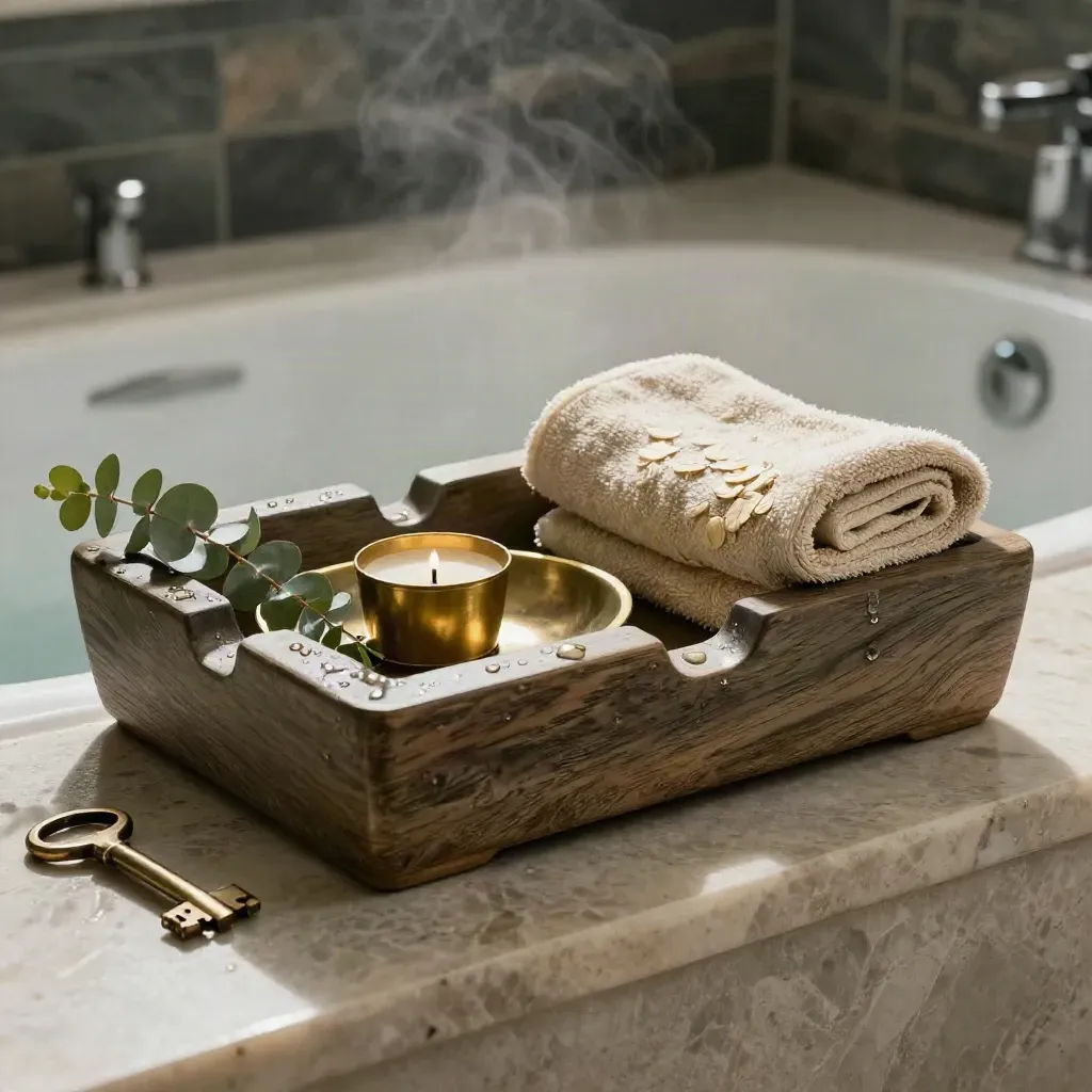 Macro ash bath tray with soap dish, candle, towel and eucalyptus on stone with steam.