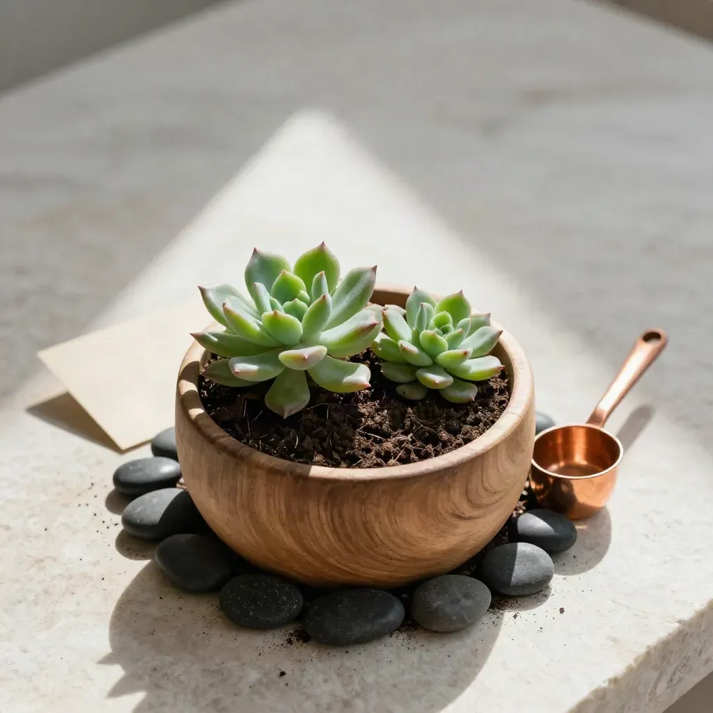 Overhead flat lay of a wood planter with succulents, pebbles, scoop, and cream card on stone.