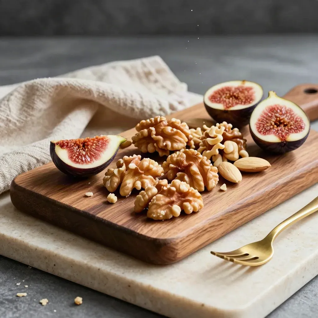 Mini walnut board with figs, almonds and linen on travertine, lit with raking light