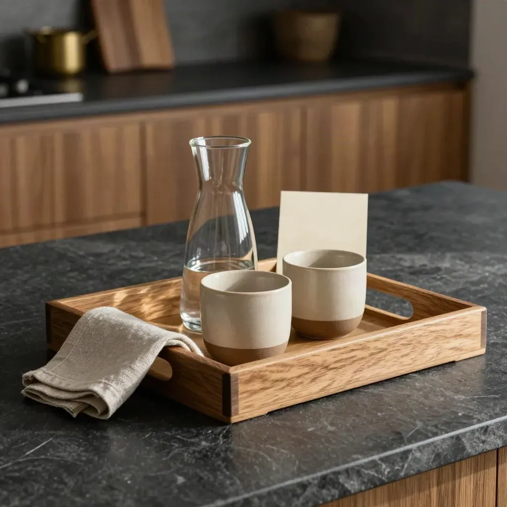 Oak serving tray with cups, carafe, and linen on dark stone