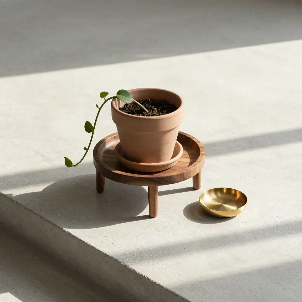 Overhead flatlay of a walnut desk planter stand with pot, vine, saucer and brass dish.