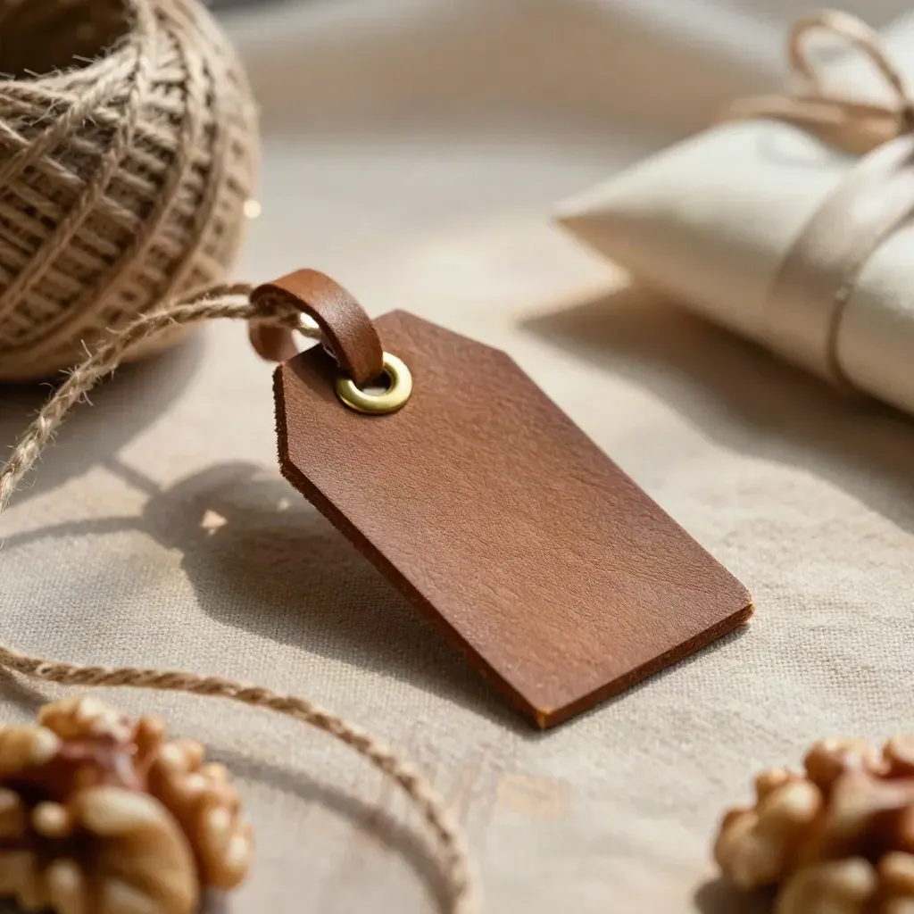 Macro walnut gift tag with leather loop, brass grommet and twine on cream linen