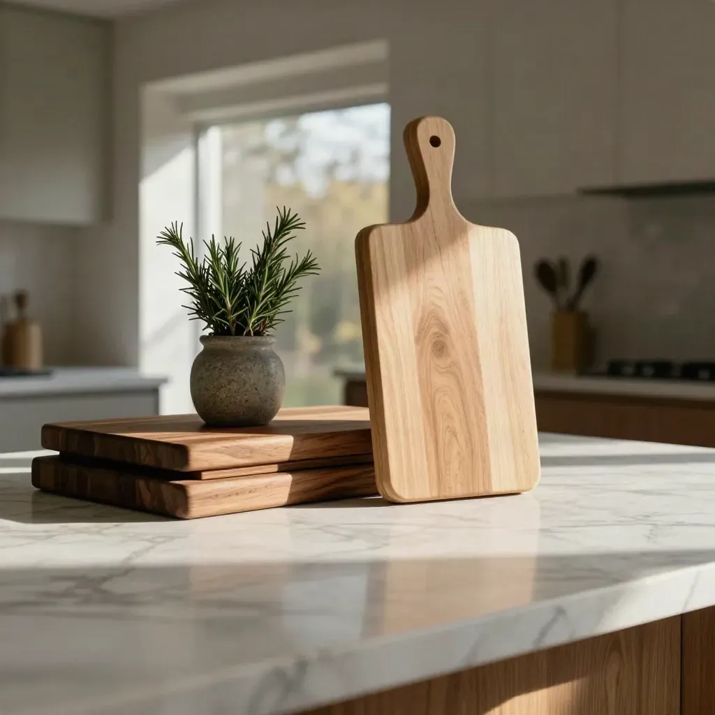 Marble-and-oak kitchen island with cutting boards and a small herb jar in soft daylight.