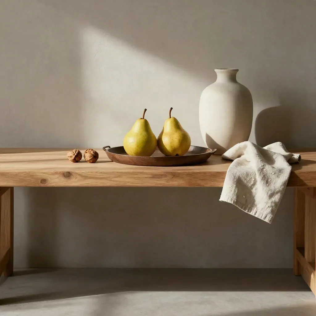 Walnut tray with pears and vase on a pale oak console in warm late light.