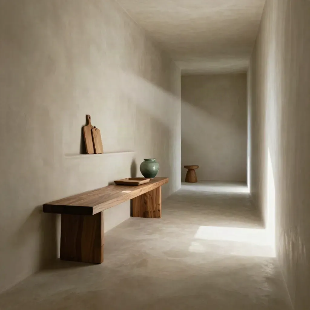 Sunlit plaster hallway with a walnut bench, shelf niche, and long shadows for copy space.