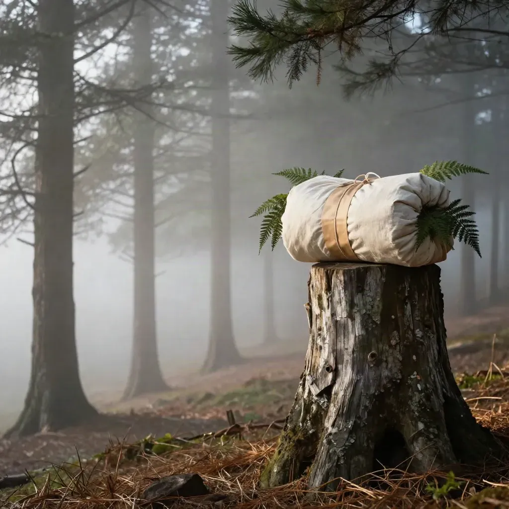 Misty cedar grove with a wrapped bundle on a stone stump above a calm foggy clearing.
