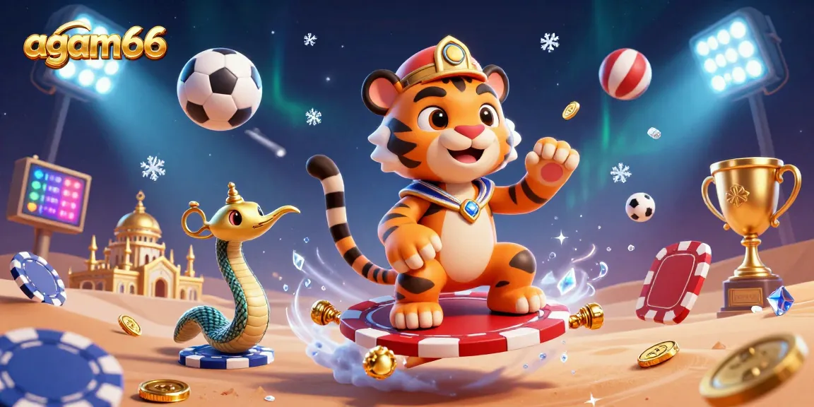 Place bets wisely at agam66 with a vibrant 3D casino illustration featuring sports elements and dynamic characters.