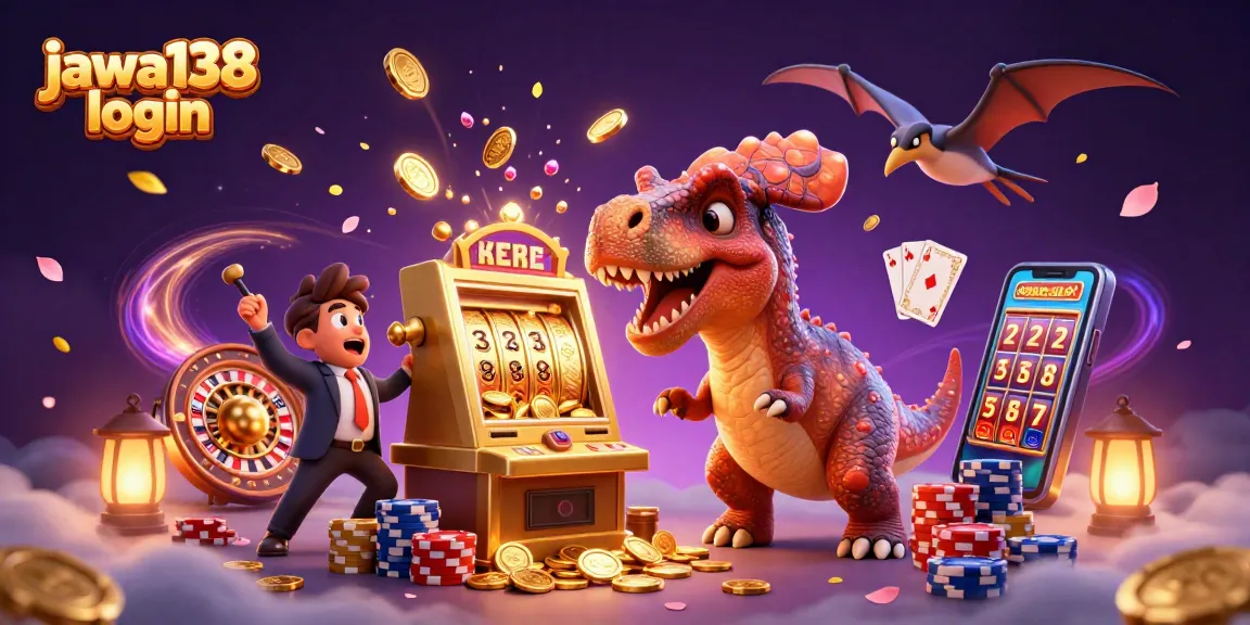 Engaging jawa138 login scene with a cartoon dinosaur interacting with a slot machine and coins.