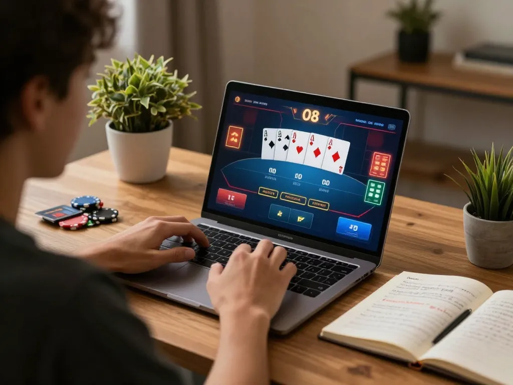 Player engaging in strategic gameplay at O8 online casino, showcasing dynamic poker interface and cozy home office