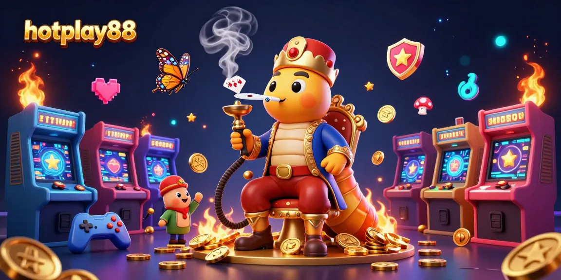 Menghadirkan peluang menang di hotplay88 dengan ilustrasi karakter menarik dan mesin slot berkilau.