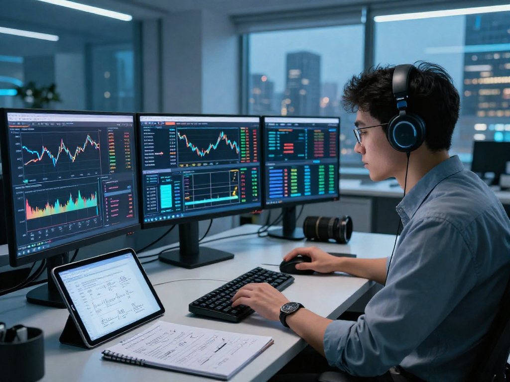 Dynamic trading workspace featuring futures quant backtesting data API on multiple screens, showcasing energy and metals market analytics.