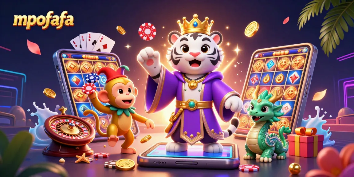 Experience the excitement of mpofafa with a vibrant 3D illustration featuring a tiger, monkey, and gaming elements.