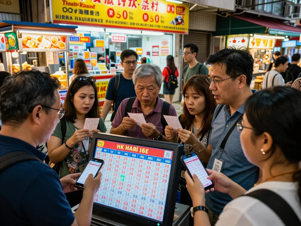 Excited group of lottery players eagerly watching HK Hari Ini results in a vibrant urban setting, capturing the energy of the moment.