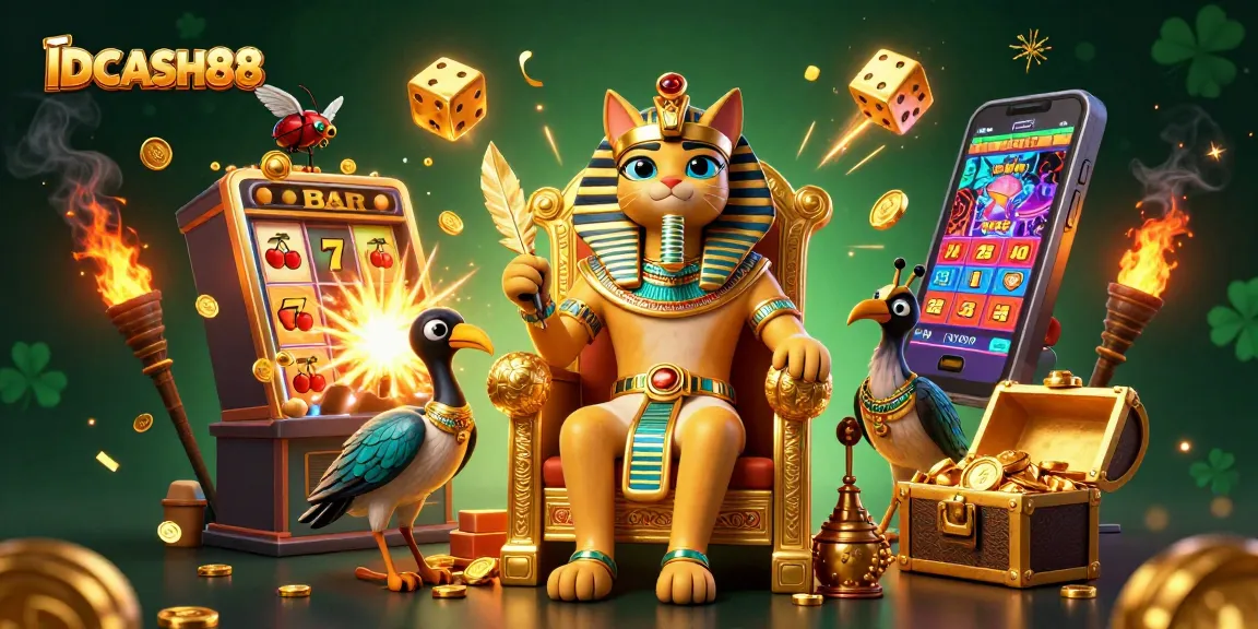 Engage in thrilling gameplay at IDCASH88, surrounded by vibrant casino elements and characters.