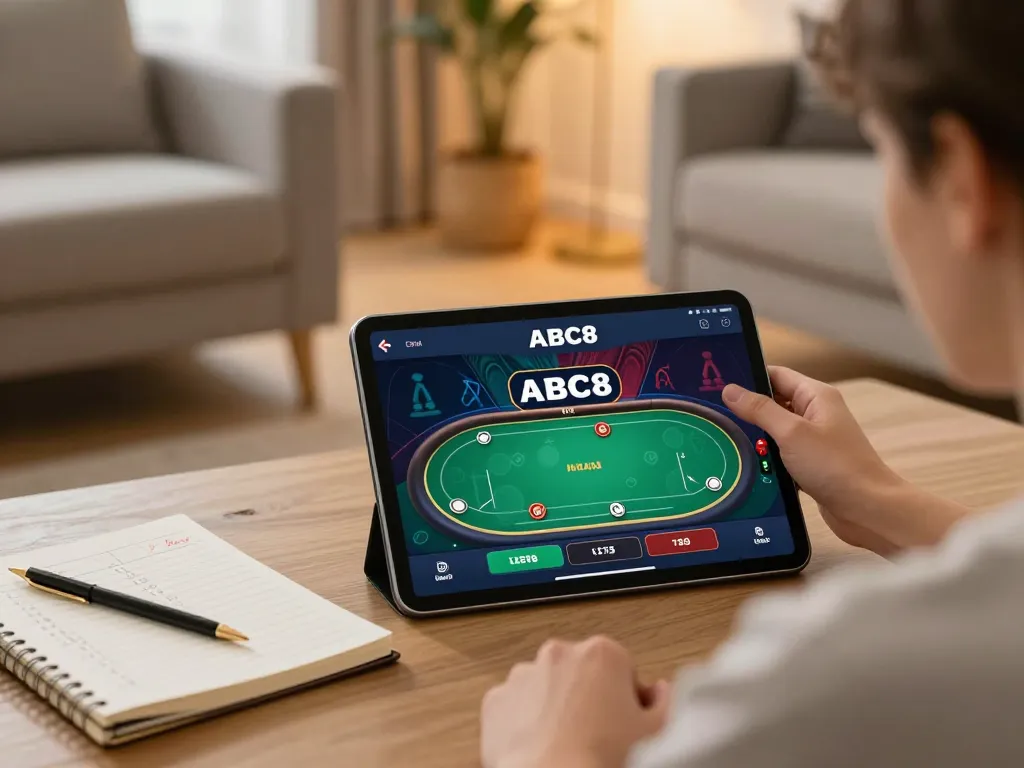 Player enjoying online gaming with the ABC8go app on tablet in a cozy living room, capturing strategic focus.
