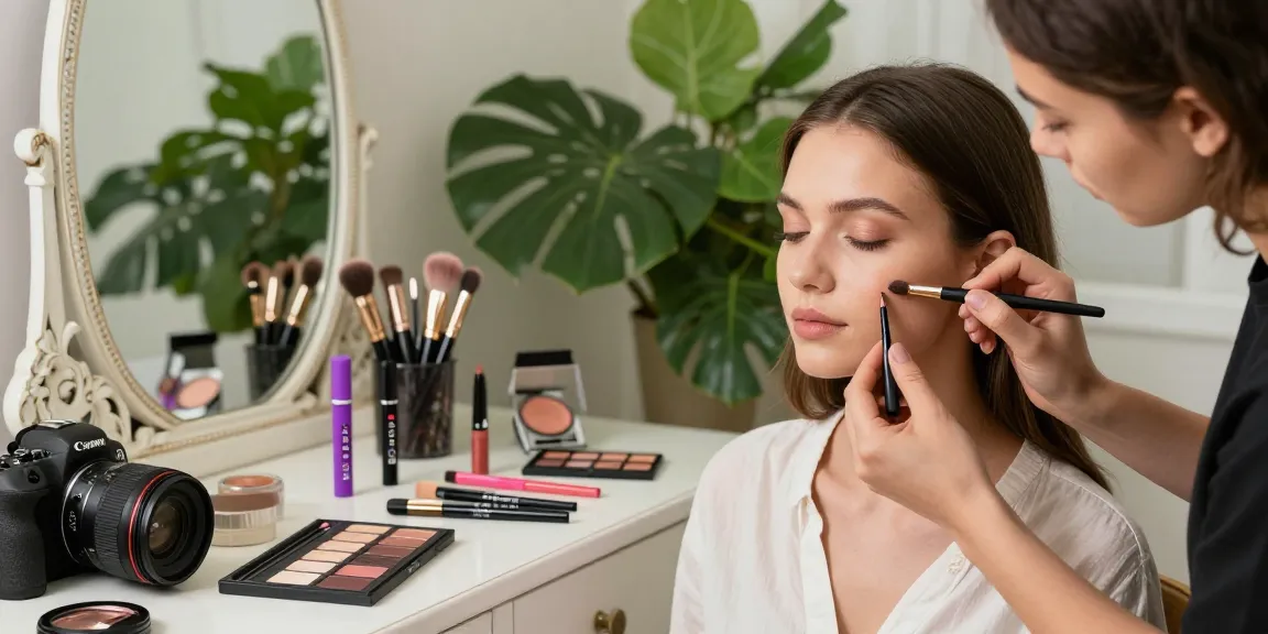 Natural makeup application using Skone Cosmetics by wholesale makeup suppliers in a stylish vanity setting.
