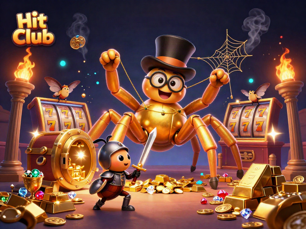 Hit Club brings excitement as a golden tarantula weaves winning threads of fortune in a vibrant casino-themed scene.