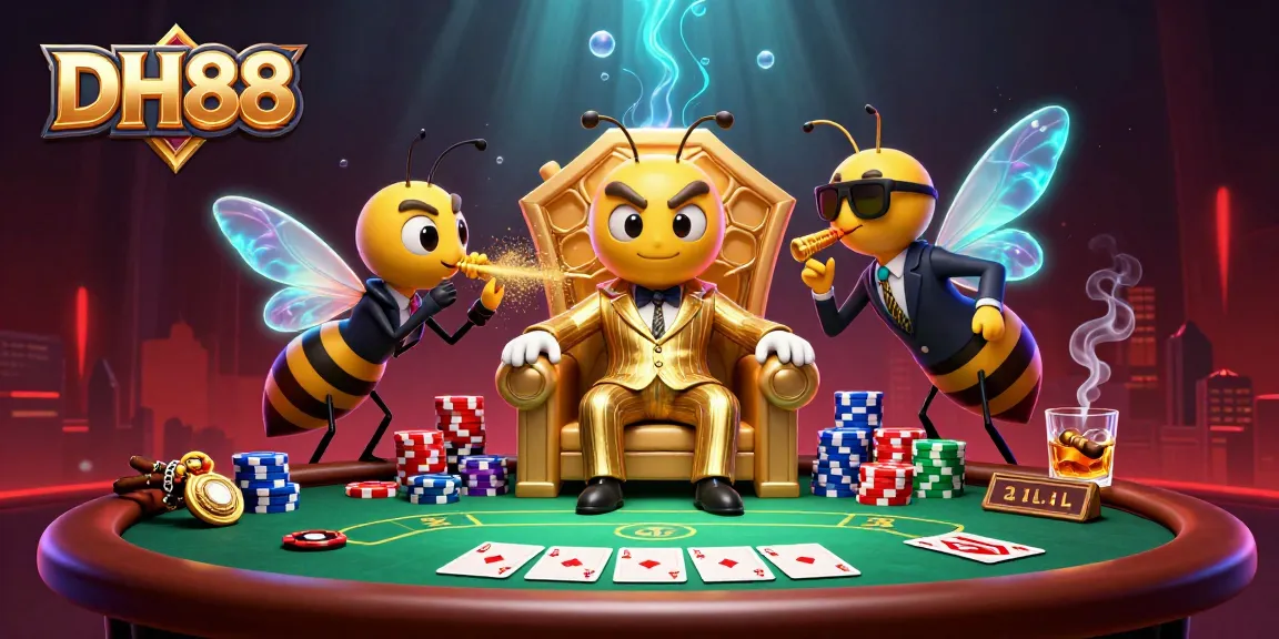 Engage with thrilling poker action at DH88, featuring a colorful 3D cartoon scene of a mob boss and gaming elements.