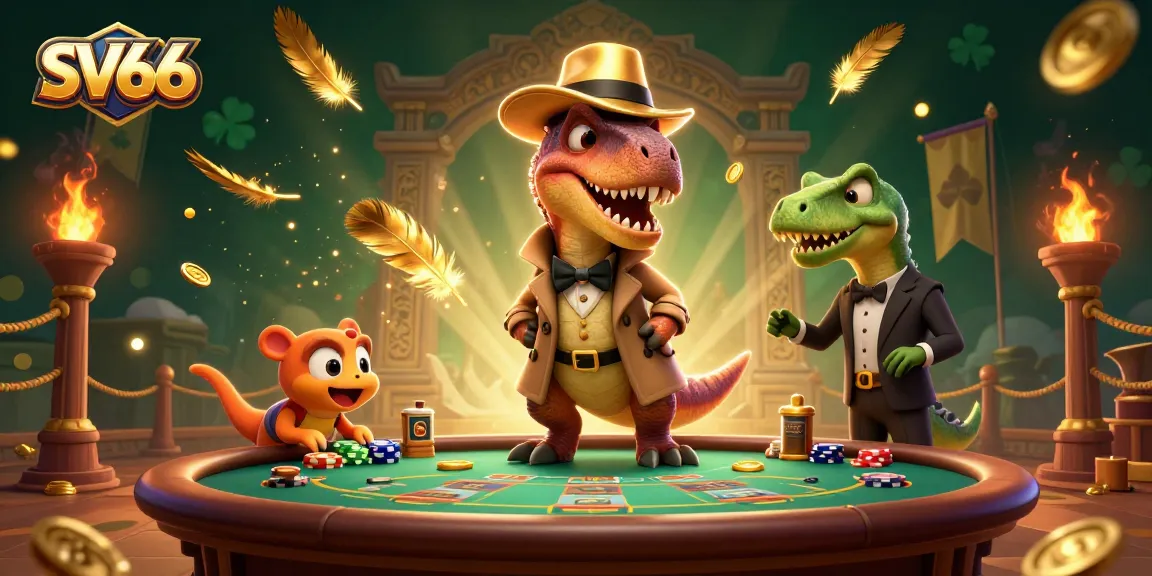 Experience the thrill of SV66 with a cartoon velociraptor at a blackjack table surrounded by winning elements.