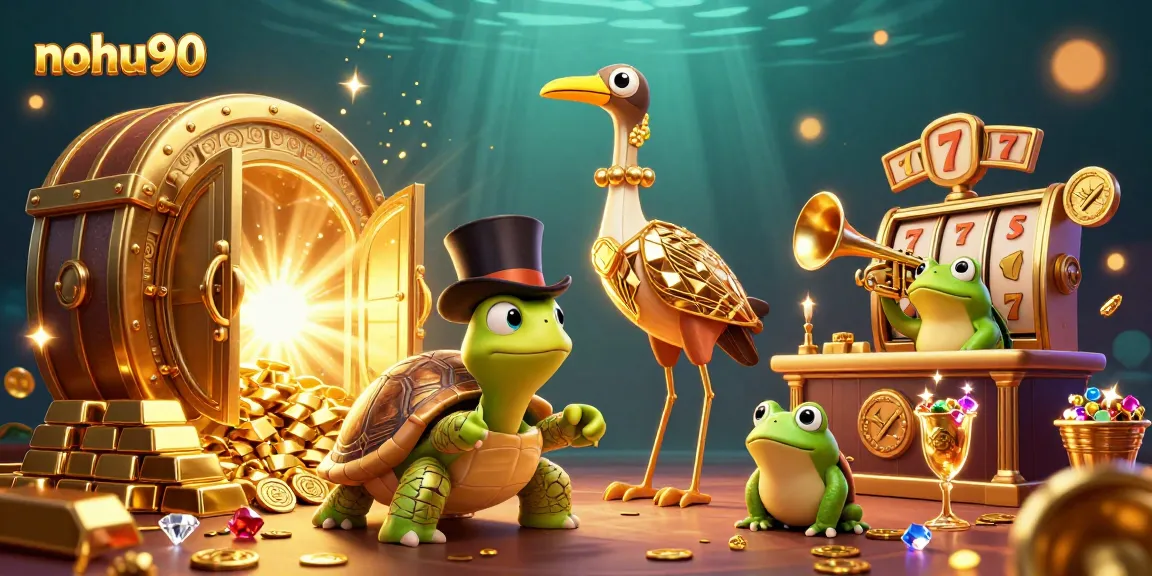 Nohu90 gamers enjoy a vibrant scene with a golden treasure vault, slot elements, and lively characters in a casino setting.