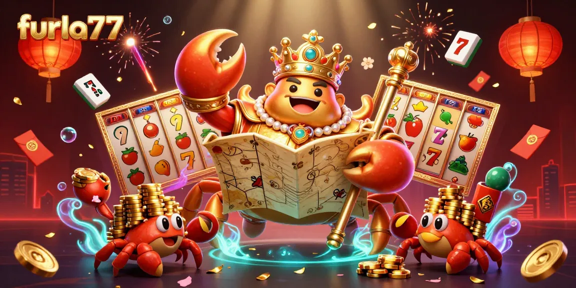 Spin to win with furla77, featuring a golden crab emperor, slot elements, and festive decorations.