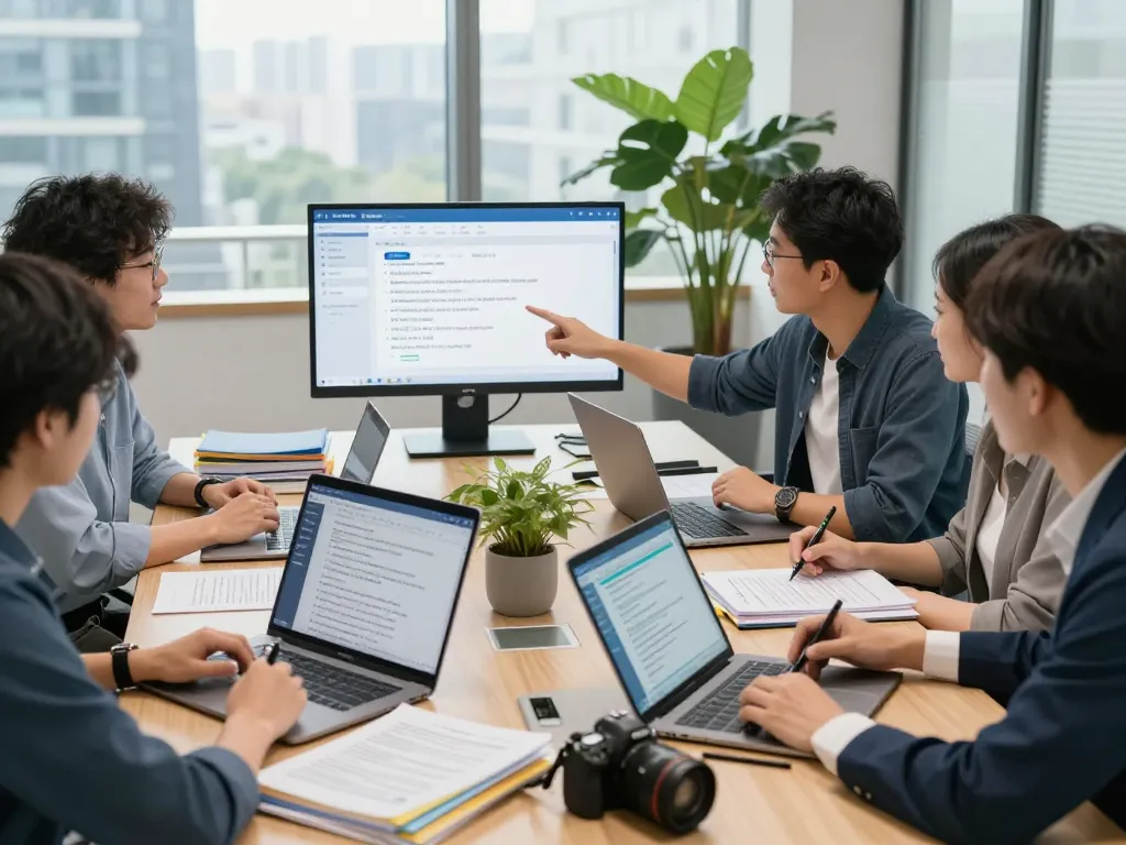 多语言团队在明亮现代的办公室环境中合作使用有道翻译进行翻译。