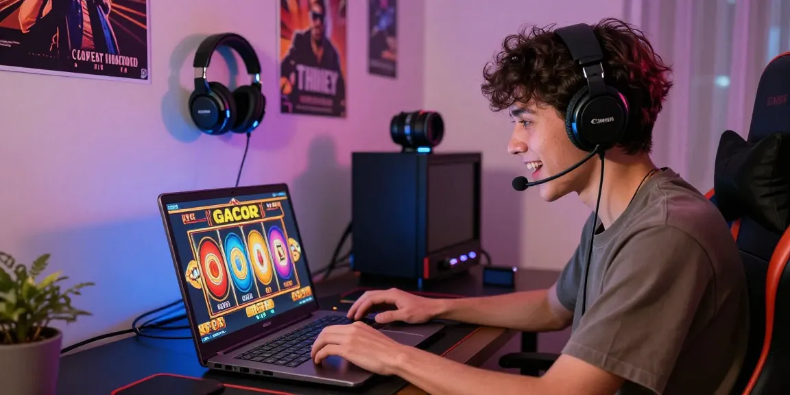 Exciting online slot gacor gameplay with a player celebrating big wins in a modern gaming setup.