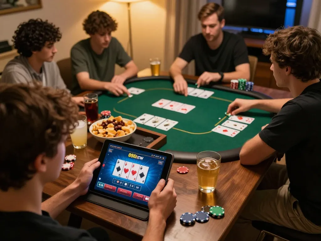 Person engaged with online poker game on 888now tablet, showcasing a vibrant and cozy gaming atmosphere.
