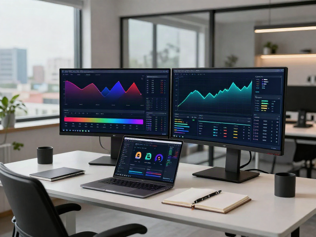 verified Telegram channel in a dynamic crypto trading workspace with monitors showing blockchain data and digital wallet.