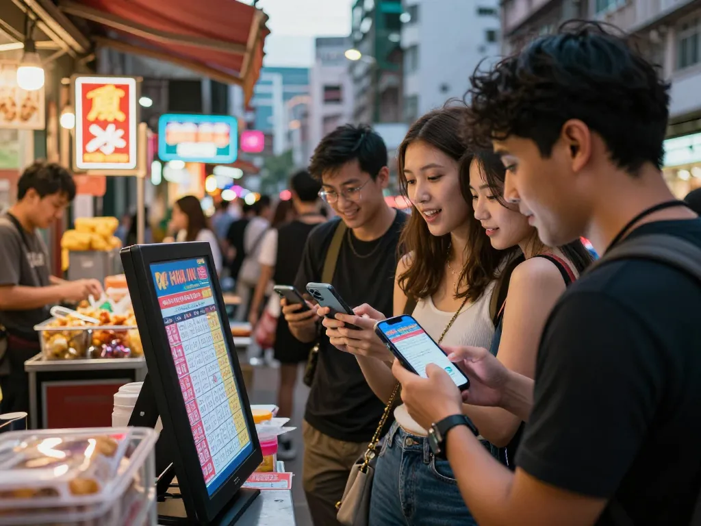 Interactive group reviewing HK Hari Ini lottery results in a lively urban setting.