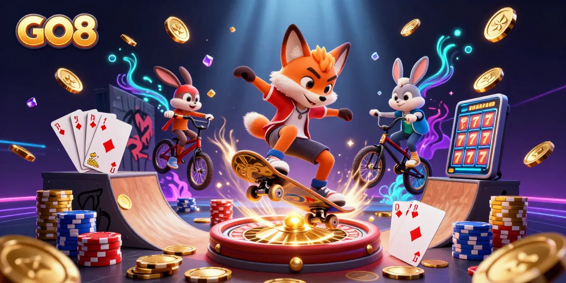 Experience thrilling gaming action with GO8 as foxes and rabbits play against a vibrant casino backdrop.