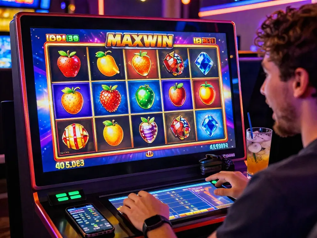 Engaging online casino scene with a player selecting vibrant slot maxwin games on a touchscreen.