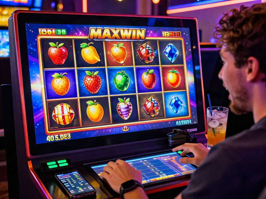 Engaging online casino scene with a player selecting vibrant slot maxwin games on a touchscreen.