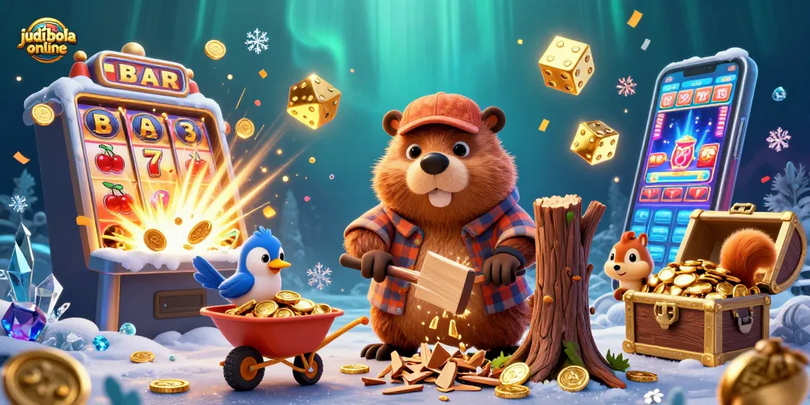 Engage in judi bola online with vibrant action depicting a beaver, bird, and squirrel amidst a jackpot scene.