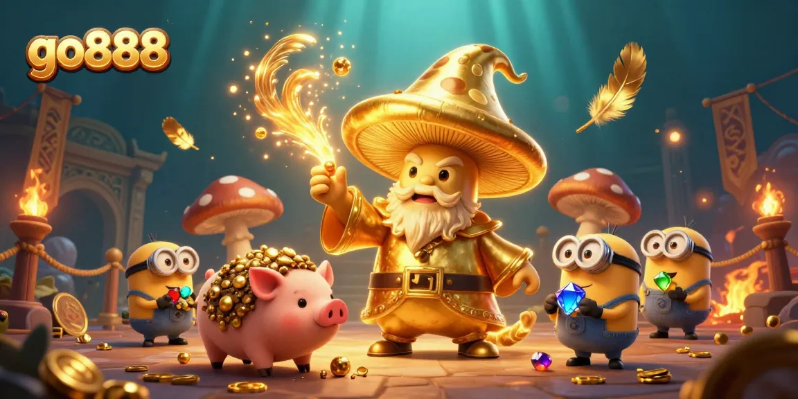 Engage with go888's magical 3D illustration featuring the golden mushroom wizard and treasure elements.