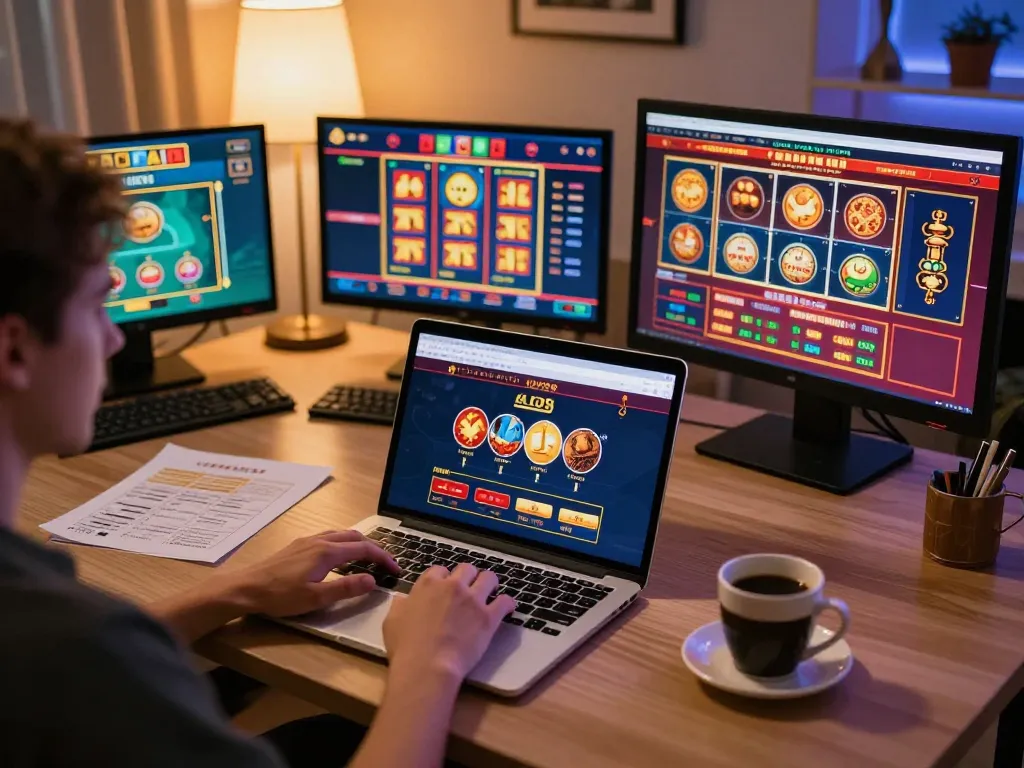 Person using ALO8 for online gambling, engaging with slots and poker on a laptop at home.