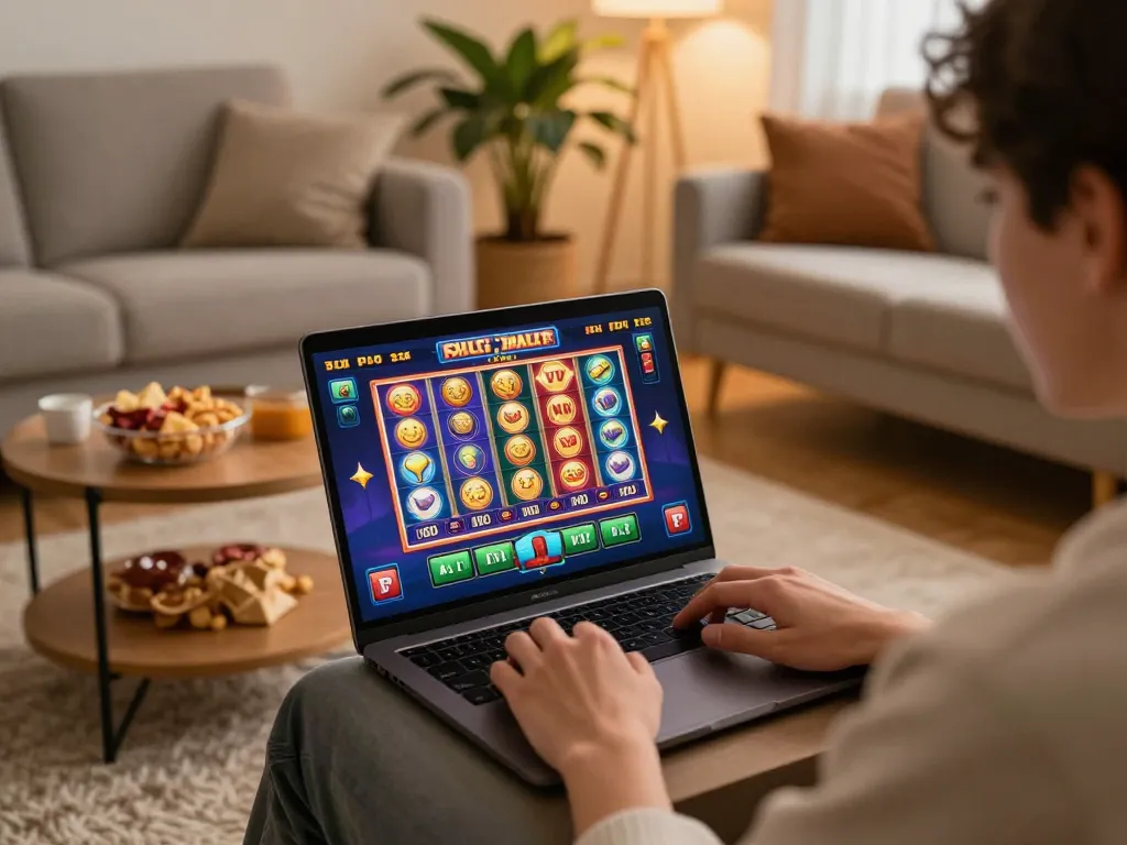 A person plays immersive mini-game slots on a laptop, highlighted in a cozy home environment.