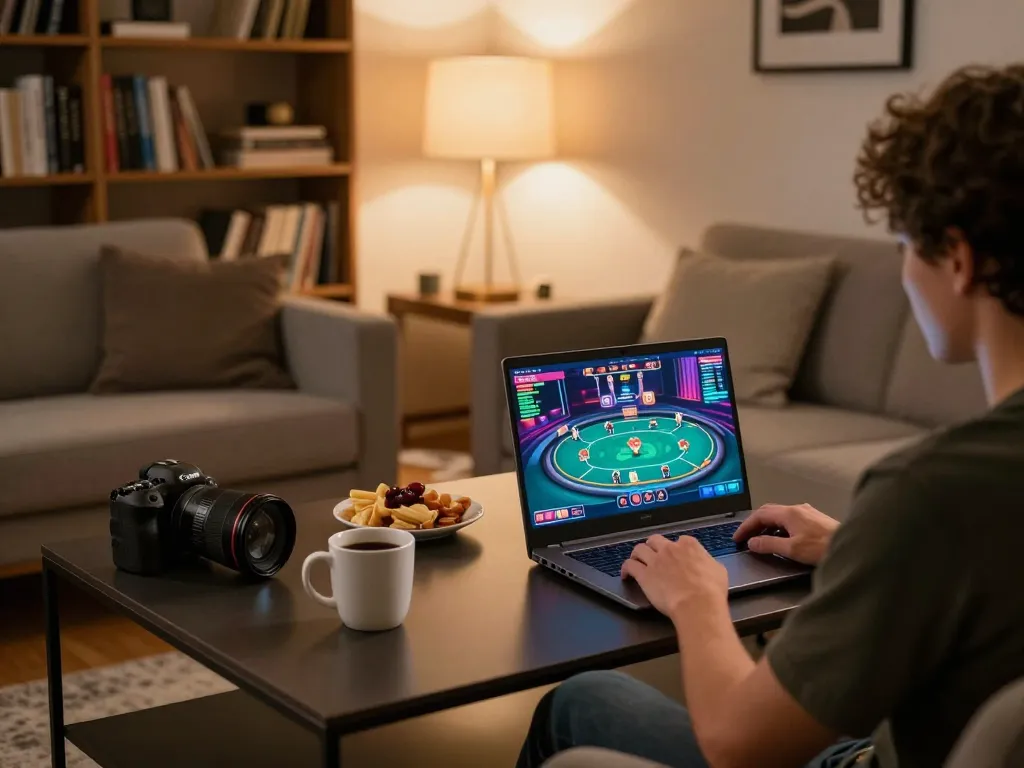 iWin player enjoying online poker gameplay on a cozy home setup with laptop and snacks