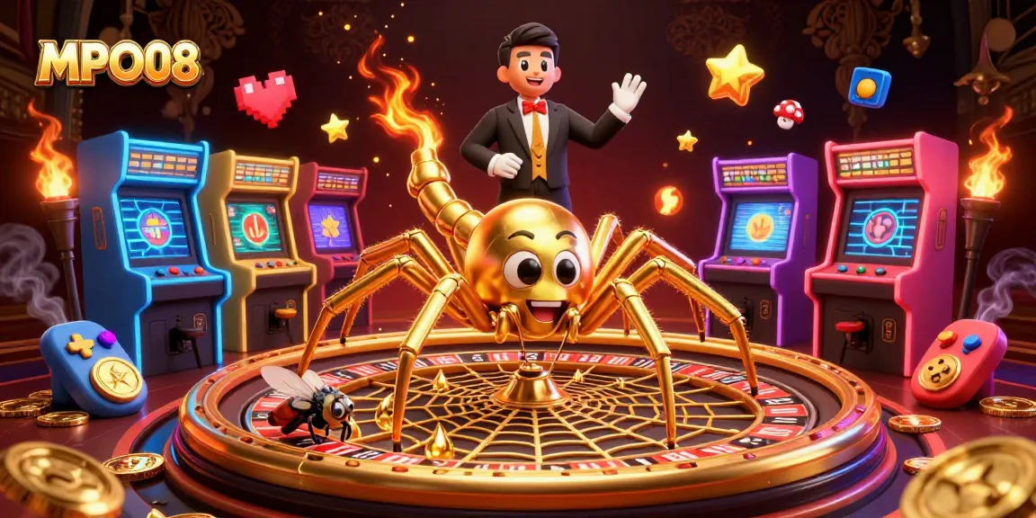 MPO08 features a colorful casino scene with a golden spider as a croupier, weaving interactive game elements.