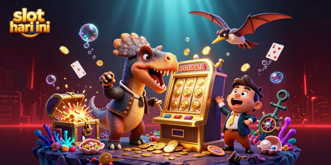 Slot hari ini: ilustrasi 3D dinosaurus mengalahkan mesin slot emas, jackpot coins berterbangan.