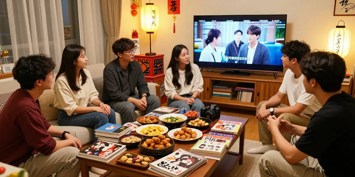 A lively cultural gathering at https://hanadultalk.com where friends discuss Asian entertainment while enjoying snacks and films.