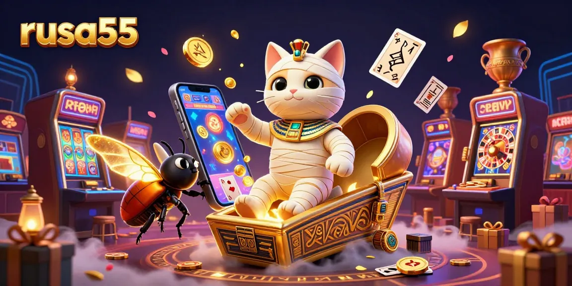 Experience excitement with rusa55, a vibrant casino scene featuring a mummy cat and dynamic gaming elements.
