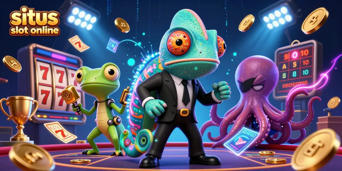 Rasakan kegembiraan di situs slot online dengan karakter yang cerah dan elemen kasino yang dinamis dalam ilustrasi yang mendebarkan.