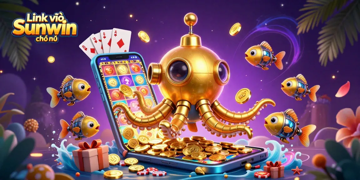Experience the thrill with Link vào Sunwin chính thức, featuring a golden kraken and casino elements in a vibrant 3D scene.